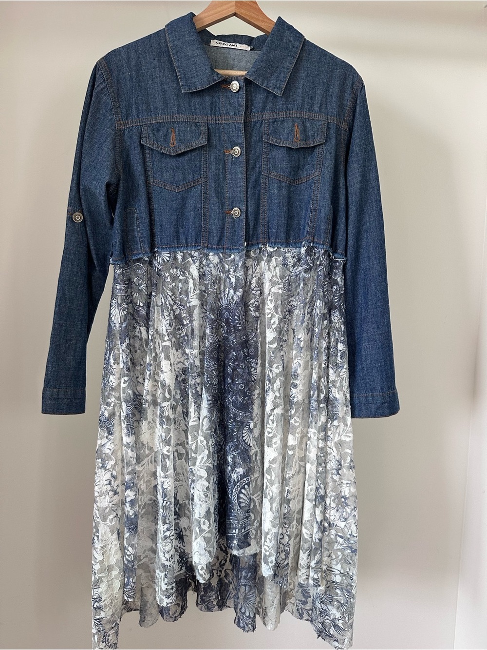 Origami Denim Jacket with Blue Marble Duster Panels - Picture 3 of 15